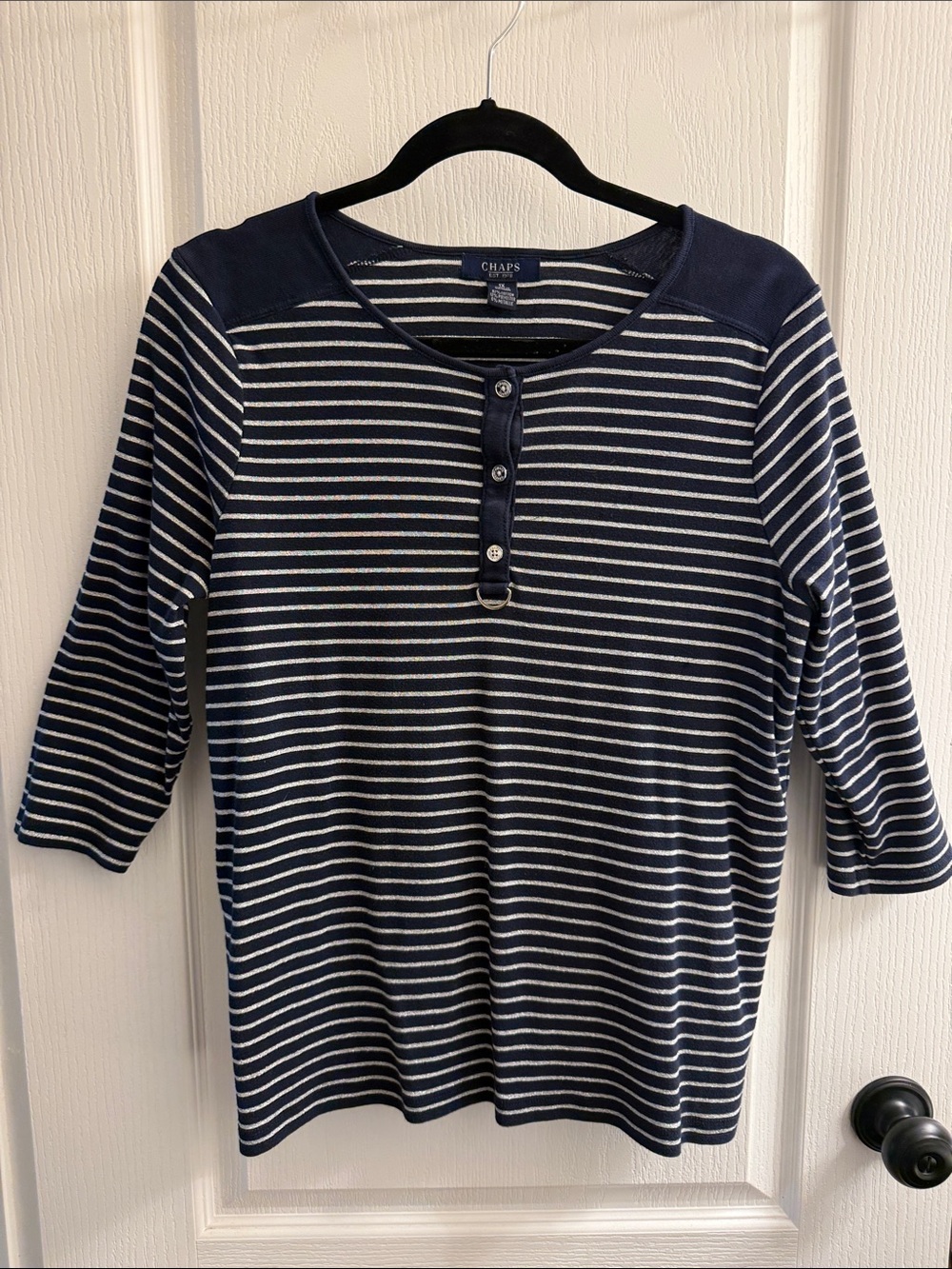 Chaps Navy & White Striped Henley Long Sleeve Top